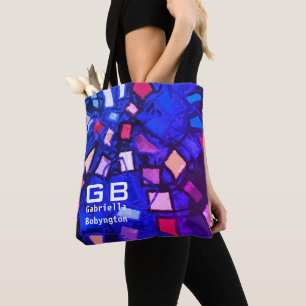 Monogram blue navy purple pink colourful bright tote bag
