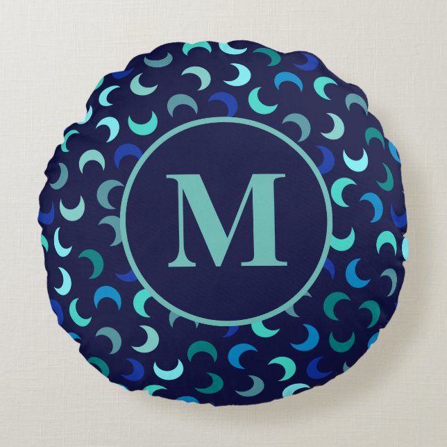 Monogram Blue New Moon Pattern Round Cushion (Front)