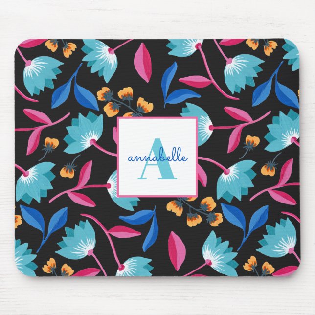 Monogram Blue Painted Floral Pattern Name Mouse Pad (Front)