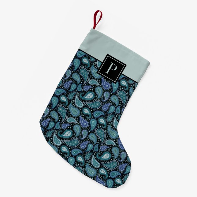 Monogram Blue Paisley Retro Pattern Small Christmas Stocking (Front (Hanging))