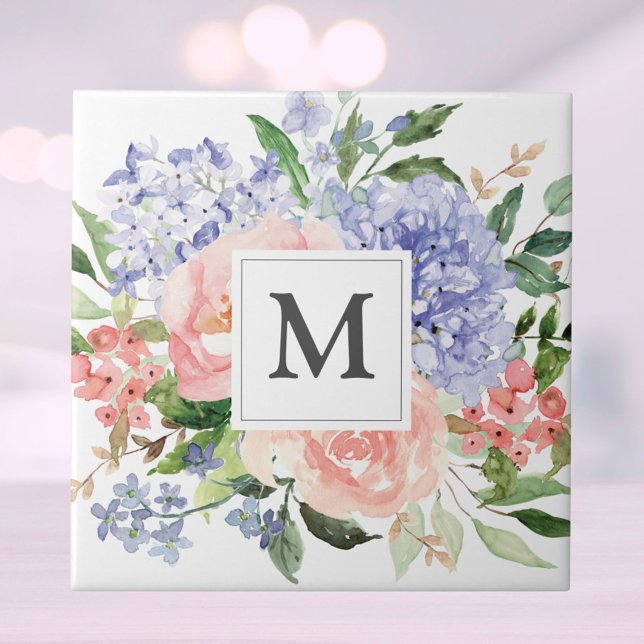 Monogram Blue Pink Hydrangea Peony Spring Floral Ceramic Tile (Close up)