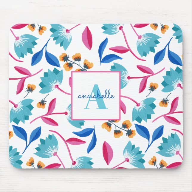 Monogram Blue & Pink Painted Floral Pattern Name Mouse Pad (Front)