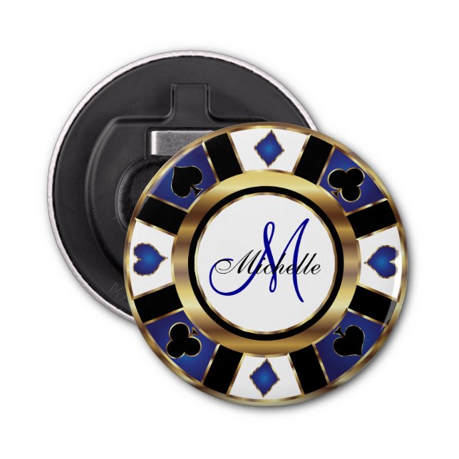 Monogram Blue Poker Chip Design Bottle Opener (Front)
