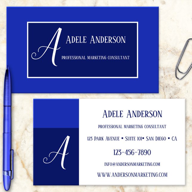 Monogram Blue PR Marketing Template Business Card (An elegant business card featuring your own design - easily customizable templates)