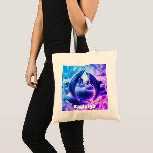 Monogram Blue & Purple Dolphins Ocean Tote Bag