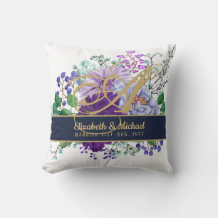 Monogram Blue Purple Floral Gold Newlyweds Wedding Cushion