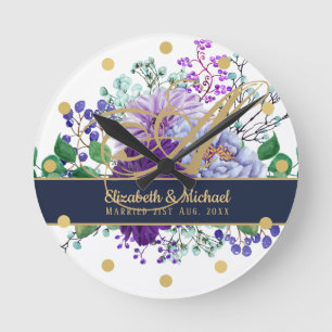 Monogram Blue Purple Floral Gold Newlyweds Wedding Round Clock