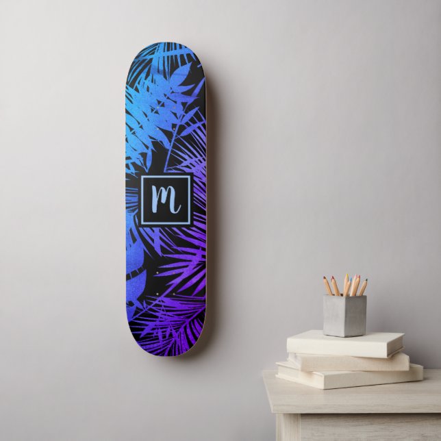 Monogram blue purple ombre leaf cool trendy modern skateboard (Wall Art)