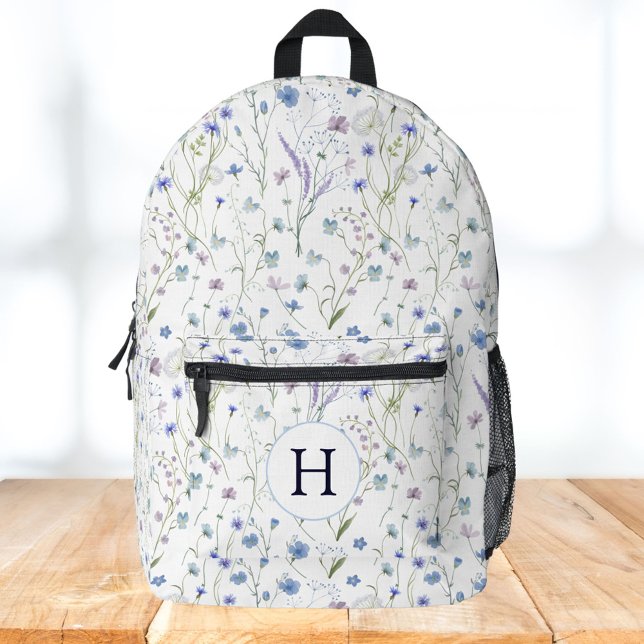 Monogram Blue Purple Pretty Wildflower Floral Printed Backpack (In situ)