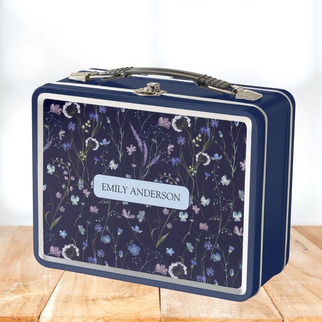 Monogram Blue Purple Wildflower Floral Pattern Metal Lunch Box (In situ)