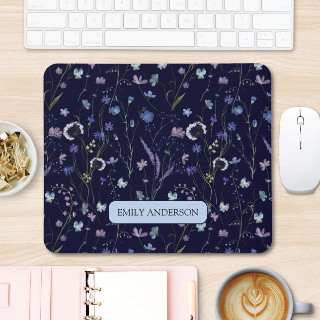 Monogram Blue Purple Wildflower Floral Pattern Mouse Pad (In situ)