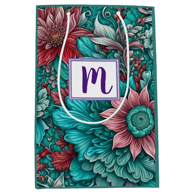 Monogram Blue Red Flowers  Medium Gift Bag (Front)