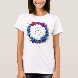 Monogram Blue Red Pink Floral Wreath  T-Shirt
