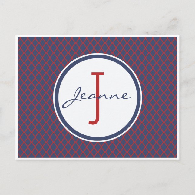 Monogram Blue & Red Quatrefoil Trellis Pattern Postcard (Front)