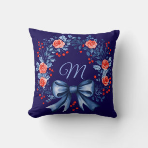 Monogram Blue Red Rose Christmas Cushion
