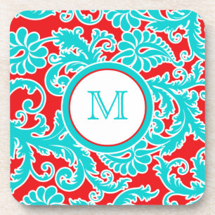 Monogram Blue, Red, White Damask Coaster Set (6)