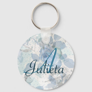 Monogram Blue Roses grunge Key Ring