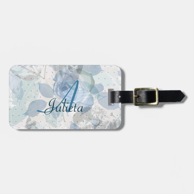 Monogram Blue Roses grunge Luggage Tag (Front Horizontal)