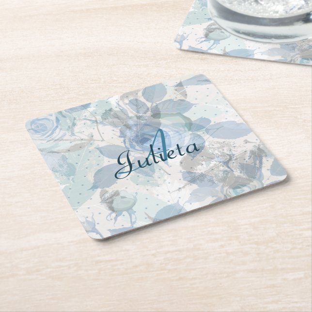 Monogram Blue Roses luxury Square Paper Coaster (Angled)