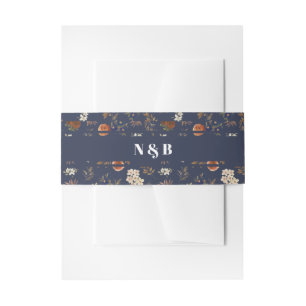 Monogram Blue Rust Floral Wedding Invitation Belly Band