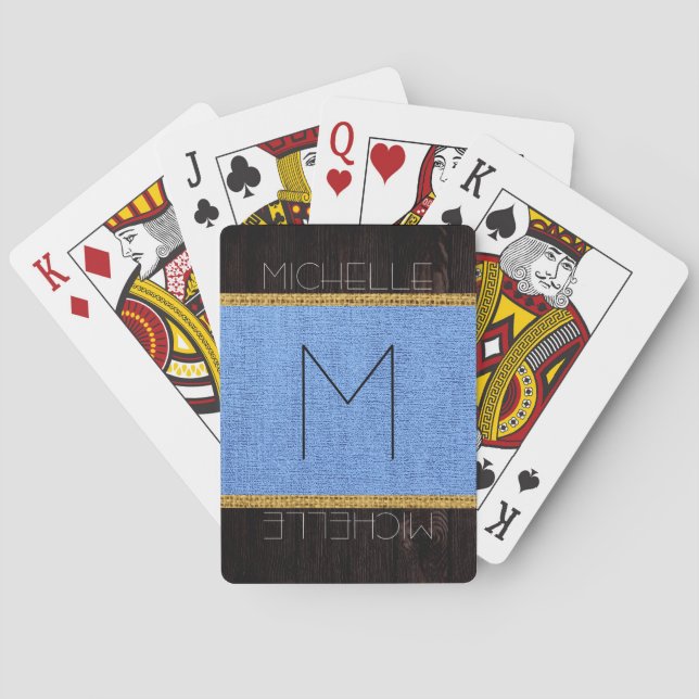 Monogram Blue Rustic Burlap Wood Look Playing Cards (Back)