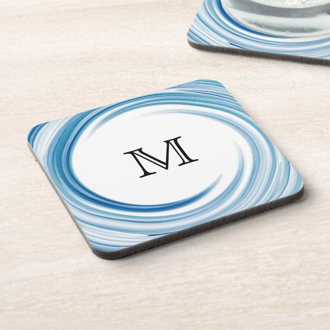 Monogram Blue sapphire Swirl Abstract Art Coaster (Left Side)