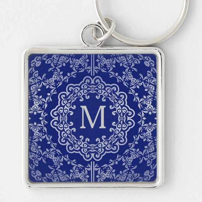 Monogram Blue & Silver Filigree Motif Key Chain (Front)