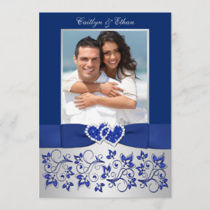 Monogram Blue, Silver Floral PHOTO Wedding Invite