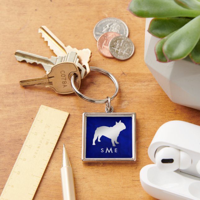 Monogram Blue Silver French Bulldog Key Ring (Desk)