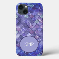 Monogram Blue Silver Glitter Mermaid Scales