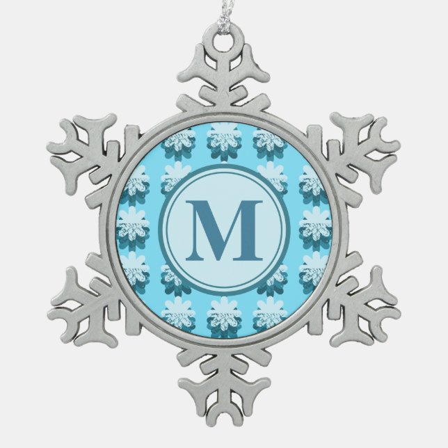 Monogram Blue Snowflake Pattern Customisable Pewter Christmas Ornament (Front)