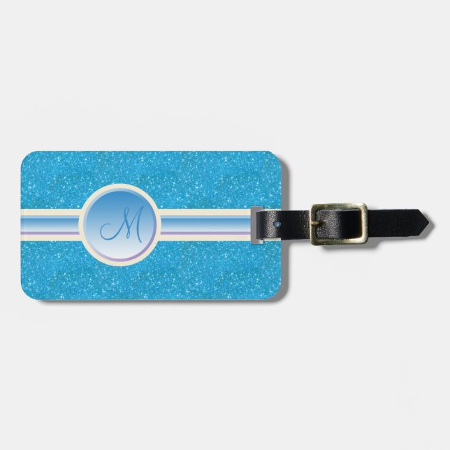 Monogram Blue Sparkles Personalised Luggage Tag (Front Horizontal)