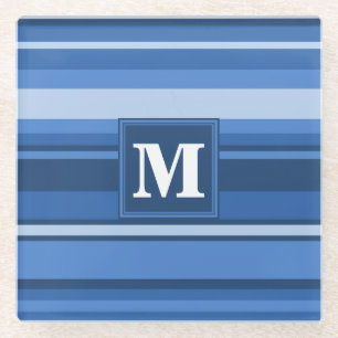 Monogram blue stripes glass coaster