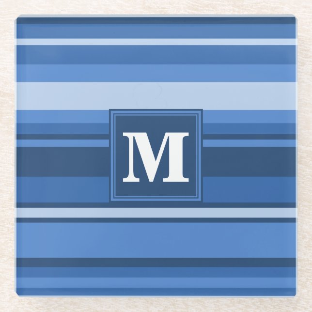 Monogram blue stripes glass coaster (Front)