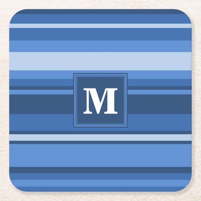 Monogram blue stripes square paper coaster (Front)