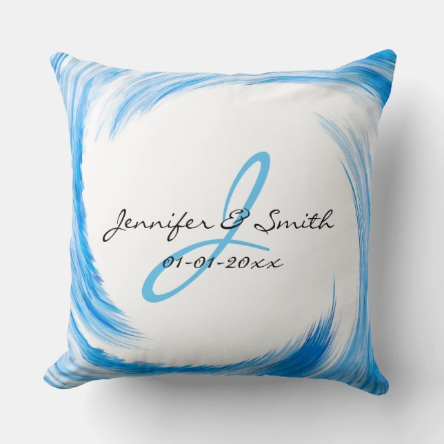 Monogram Blue Swirl Abstract Art Cushion (Front)