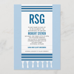 Monogram Blue Tallit Bar Mitzvah Invitation