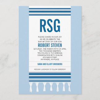 Monogram Blue Tallit Bar Mitzvah Invitation