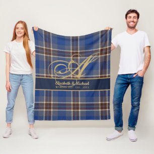 Monogram Blue Tartan Plaid Newlyweds Wedding Fleece Blanket