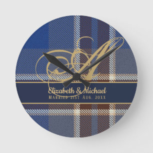 Monogram Blue Tartan Plaid Newlyweds Wedding Round Clock