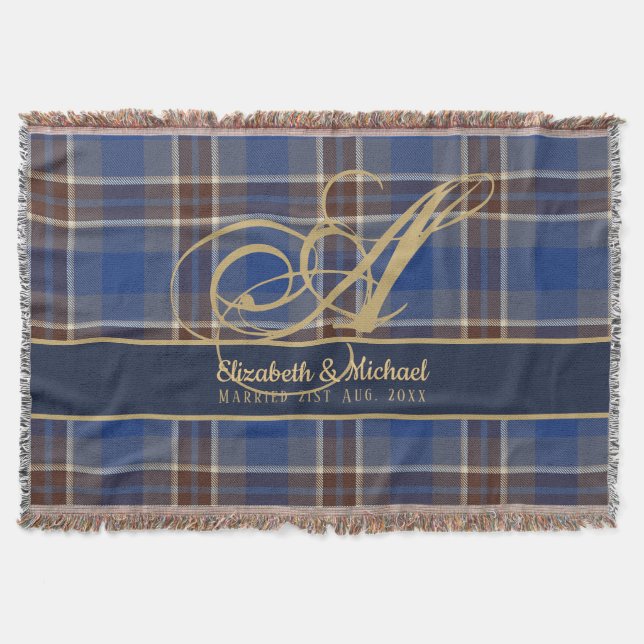 Monogram Blue Tartan Plaid Newlyweds Wedding Throw Blanket (Front)