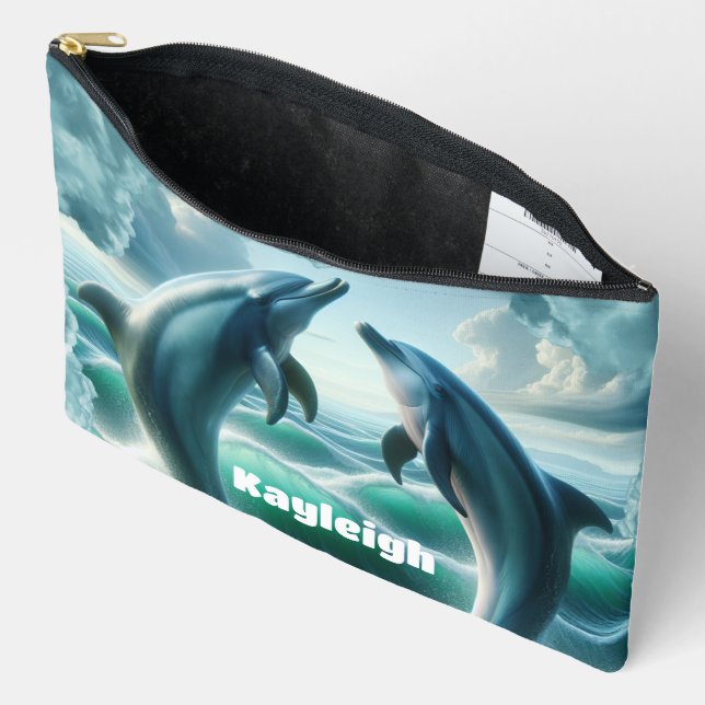 Monogram Blue Teal Dolphins Ocean | Accessory Pouch (Open)