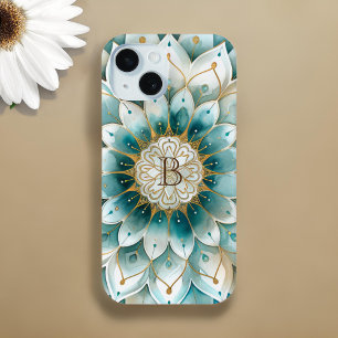 Monogram Blue Teal Gold Floral Mandala iPhone 15 Case