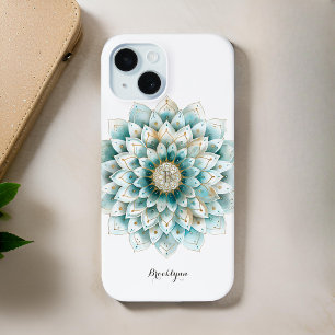 Monogram Blue Teal Gold Floral Mandala iPhone 15 Case
