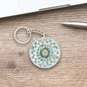 Monogram Blue Teal Gold Floral Mandala Key Ring