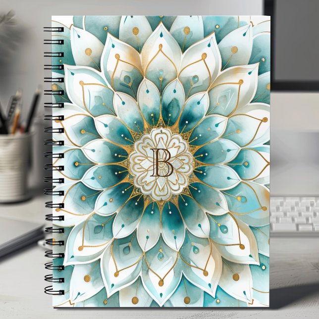 Monogram Blue Teal Gold Floral Mandala Notebook (Creator Uploaded)