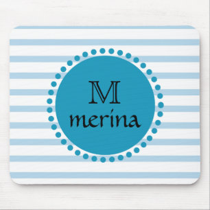 Monogram Blue Teal Gold Striped Circle Mouse Pad
