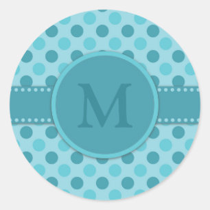 Monogram Blue Teal Polka Dots Classic Round Sticker