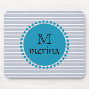 Monogram Blue Teal Striped Gold Circle Mouse Pad