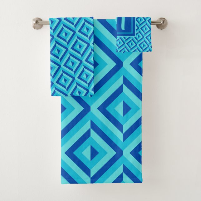 Monogram Blue Three-Tone Diamond Pattern Bath Towel Set (Insitu)